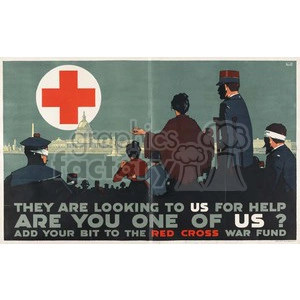 This vintage poster depicts a call to action for the Red Cross War Fund. It features silhouettes of people, including soldiers and civilians, facing towards a city skyline with a prominent Red Cross symbol in the upper left corner. The text reads, 'They are looking to us for help. Are you one of us? Add your bit to the Red Cross War Fund.'
