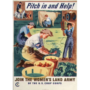 A vintage poster promoting the Women's Land Army of the U.S. Crop Corps. The poster features women working on a farm, harvesting vegetables with baskets, a woman carrying produce, a cow, and a background with other agricultural activities. The text on the poster reads 'Pitch in and Help!' and 'Join the Women's Land Army of the U.S. Crop Corps.'