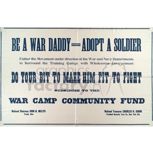 A vintage poster promoting the War Camp Community Fund, urging people to 'adopt a soldier' and support the creation of a wholesome environment around training camps. The poster encourages readers to 'do their bit to make him fit to fight,' and includes the names of national chairman John N. Willys and national treasurer Charles H. Sabin.
