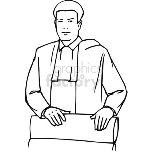 Line art illustration of a person dressed in formal judicial attire, representing a judge or a barrister, standing with hands on a desk or a lectern.