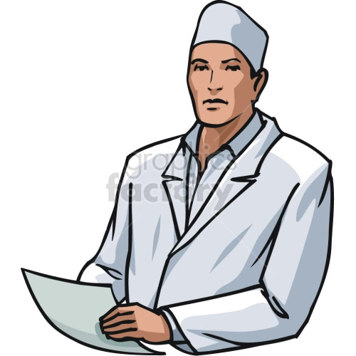 The image shows a close-up of a surgeon wearing a white coat. He is holding a piece of paper in his hand.