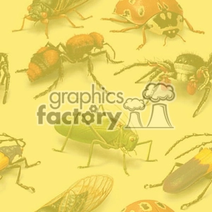 Colorful clipart image featuring various insects such as a ladybug, spider, ant, grasshopper, beetle, and cicada on a yellow background.