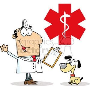 A cartoon-style image of a veterinarian holding a clipboard, with a small dog sitting next to him and a red medical symbol in the background.
