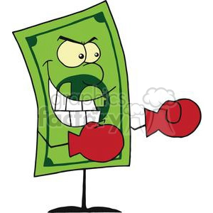 A cartoon image of a dollar bill character wearing red boxing gloves and a determined facial expression.