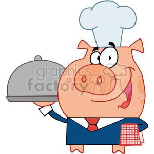 Waiter Pig In A Chefs Hat and Blue Suite with a Red Plade Towel on Arm