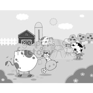 The clipart image features a humorous scene of cartoon cows on a farm. Four cows are present with exaggerated comical expressions and postures. One of the cows is chewing grass, the second is staring with a surprised expression, the third is depicted in a playful stance, and the fourth is playfully sticking out its tongue with a flower in its mouth. In the background, there's a barn and a silo, indicating a farm setting. The skies are clear with a few clouds, and sun rays peak from behind the barn. Trees and flowers are also visible, enhancing the pastoral farm feel of the scene.
