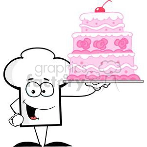 Cartoon Chefs Hat Character Holding Up A Beautifully Decorated Cake