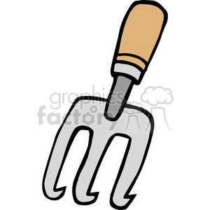 A clipart image of a gardening hand fork with a wooden handle and metal prongs.