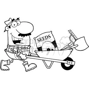 A cheerful cartoon gardener pushing a wheelbarrow filled with gardening tools and a bag of seeds.