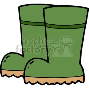 This clipart image features a pair of green rubber boots with black outlines and beige soles. The boots are illustrated in a cartoon style.
