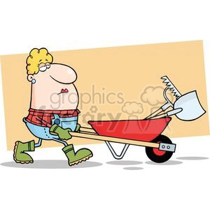 A cartoon figure dressed in work attire such as boots, gloves, and overalls pushing a red wheelbarrow containing gardening tools including a saw and a shovel. The background is a simple, light brown rectangular shape.