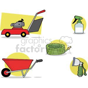 Clipart image featuring various gardening tools including a lawn mower, spray bottle, garden hose, wheelbarrow, and garden nozzle.