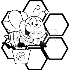 A black-and-white clipart image of a cartoon bee holding a bucket with a flower on it, set against a honeycomb background.