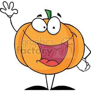 A cheerful and smiling cartoon pumpkin character waving with a green stem on top.