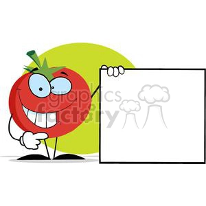 Cartoon tomato character holding and pointing to a blank sign with a big smile on its face.