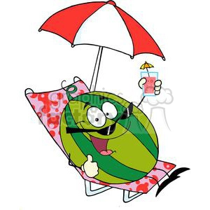 The image is a whimsical cartoon clipart depicting a green anthropomorphic watermelon character. The watermelon is lounging on a pink pillow with red hearts, situated on a foldable beach chair. Above the character, there's a red and white beach umbrella, indicating a sunny, outdoor scene. The watermelon is wearing black sunglasses, showing an enjoyable, relaxed expression, and giving a thumbs-up. In its right hand, it is holding a glass with a straw and a small umbrella, suggesting a refreshing summer drink.