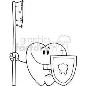 Happy Tooth Cartoon with Toothbrush and Shield