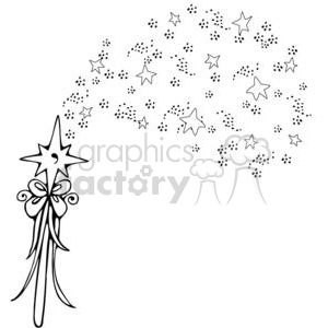 A black and white clipart image of a magic wand with stars and sparkles emanating from it. The wand is adorned with a ribbon tied in a bow.