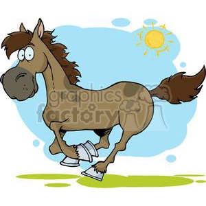 A cartoon illustration of a brown horse with a playful expression, bounding in a grassy field under a sunny sky.