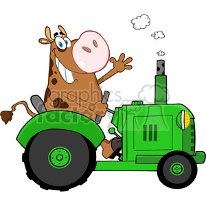 The image is a piece of clipart showing a whimsical and cartoonish scene of a brown cow with spots driving a green tractor. The cow is sitting on the tractor seat, holding onto the steering wheel with its right hoof, and waving with its left hoof. It looks to be having a good time. A couple of small puffs of smoke are shown coming out of the tractor's exhaust pipe.