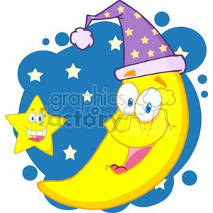 A cheerful clipart image featuring a smiling crescent moon wearing a purple nightcap with stars, accompanied by a happy yellow star. The background is decorated with blue shapes and scattered stars.