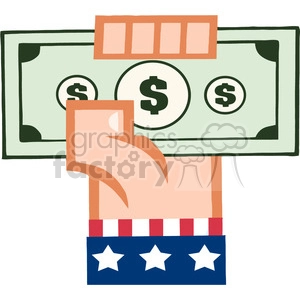 A clipart image of a hand holding a dollar bill with a red, white, and blue sleeve featuring stars.