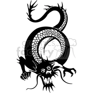 This clipart image features a stylized depiction of a Chinese dragon. The dragon is designed in a bold, black-and-white, vinyl-ready format suitable for various graphic uses such as t-shirts, decals, stickers, or tattoos. It has the traditional attributes of a Chinese dragon, such as a serpentine body, scales, and a fearsome face with prominent eyes, horns, and a flowing mane.