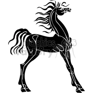 A black and white clipart image of a stylish horse in a rearing pose with flowing mane and tail.