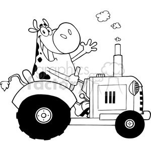 This black and white clipart image features a comical depiction of a cow driving a tractor. The cow appears cheerful and is waving. The tractor looks like a traditional farm vehicle with large rear wheels and smaller front wheels. The cow is sitting in the driving seat and has one hoof on the steering rod. There are a few clouds depicted in the background.