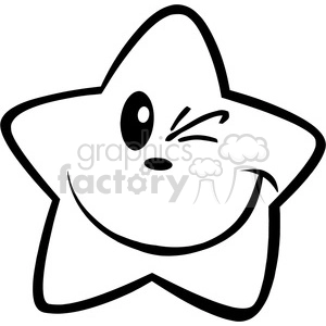 Black and white clipart image of a winking, smiling star character with one eye open.