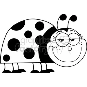 A black-and-white clipart image of a cartoon ladybug with a smiling face, large eyes, and polka dots on its back.