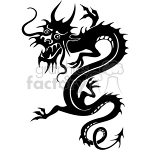 This clipart image features a stylized Chinese dragon depicted in a tribal tattoo design. The dragon has a fierce appearance with exaggerated features, including prominent horns, sharp claws, and a sinuous body with swirling tail and limbs.