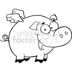 Flying Pig Cartoon - Whimsical Black and White Drawing