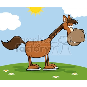 A humorous and cartoonish horse standing on a grassy hill under a sunny sky with clouds. The horse has an exaggerated facial expression.