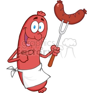 Happy Sausage Cartoon Mascot Character With Sausage On Fork