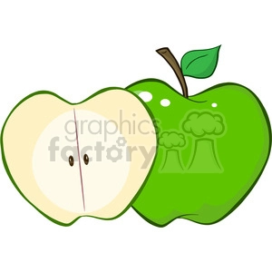 12933 RF Clipart Illustration Whole And Cut Green Apple