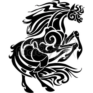 A dynamic black and white clipart image of a horse with a stylized, tribal design. The horse appears to be rearing up on its hind legs.