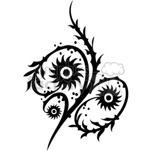 A black and white intricate floral design with abstract and stylized elements.