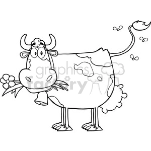 The image is a black and white line drawing of a cartoon cow. The cow appears slightly comical with a friendly and happy expression, slightly oversized eyes, and a cute little hat atop its head. It is chewing on a flower and flies are buzzing around its tail.