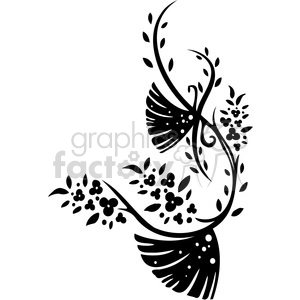 A vector clipart image featuring a stylized floral design with flowing curves, leaves, and blossoms in a black silhouette.