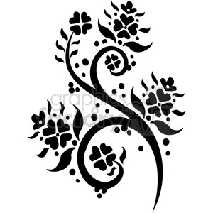 A decorative black floral swirl design, featuring stylized flowers, leaves, and dots. The intricate pattern is elegant and symmetrical, ideal for decorative elements, tattoos, or artistic projects.