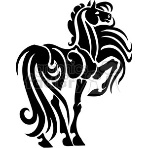 A stylized black and white clipart image of a rearing horse with flowing mane and tail.
