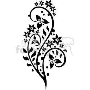 A black and white clipart image featuring an intricate floral design with swirling stems, leaves, and various small flowers.