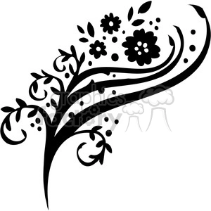 A black and white clipart image of a floral design with swirling patterns and flowers.