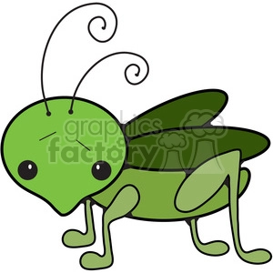 A cute clipart image of a green cricket or grasshopper with large eyes, antennae, and wings.