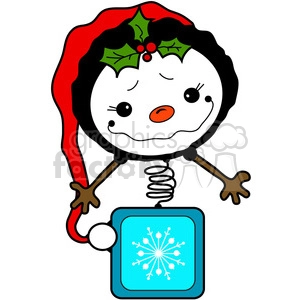 A festive clipart image of a snowman with a Santa hat and holly, featuring a cheerful face with a carrot nose, spring body, and holding a blue gift box with a white snowflake design.