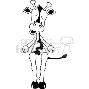 A black and white cartoonish clipart image of a giraffe with a playful and cute expression, likely intended for kid-friendly uses or fun designs.