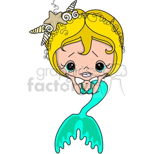 A cute clipart illustration of a sad-faced mermaid with blonde hair adorned with seashells and a starfish.