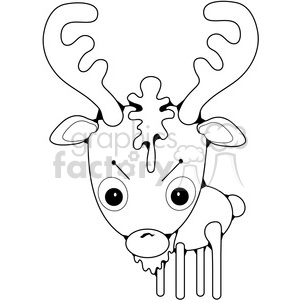 A black and white clipart image of a cartoon deer with large antlers and a whimsical expression.