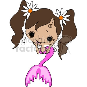 A cute cartoon mermaid with brown hair in pigtails decorated with white flowers, wearing a pink seashell bra and a pink mermaid tail.